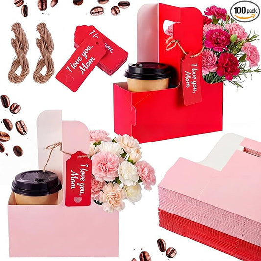 MotiMind 100 Pack Mother's Day 2 Cup Drink Carrier with Handle, Kraft Paperboard Teacher Cup Holder Portable for Hot Cold Drinks, Coffee Carrier Gift with Heart Card Rope (Red,Pink)