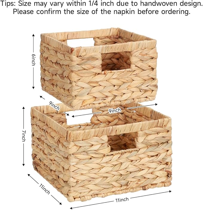 WEAVELYRICS Wicker Storage Baskets, Water Hyacinth Basket for Organizing, Rectangular Woven Storage Basket with Handles for Shelves, Pantry, Set of 2, Large and Small (Natural Hyacinth)