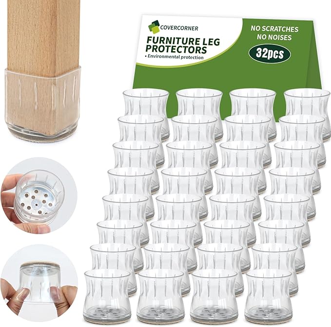 COVERCORNER 32PCS Chair Leg Floor Protectors, Chair Leg Protectors for Hardwood Floors, Furniture Pads for Hardwood Floors, Chair Socks Universal L Clear Fit 1.50"-1.77"