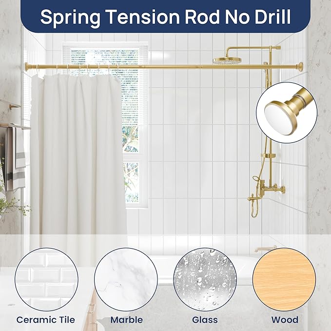 ENJOYBASICS Shower Curtain Rod 30 to 64 Inches, 1 Inch Stainless Steel Adjustable Spring Tension Rods No Drill for Bathroom, Closet, Window, Room Divider, Never Rust, Non Slip, Gold
