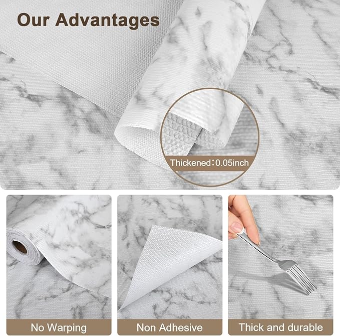 OcePor Non-Adhesive Drawer and Shelf Liner 12IN x 30FT, Non-Slip Cabinet and Cupboard Liner, Kitchen Cabinet Liners for Shelves, Waterproof Drawer Shelf Liners for Cabinets/Bathroom Cupboard, Marble