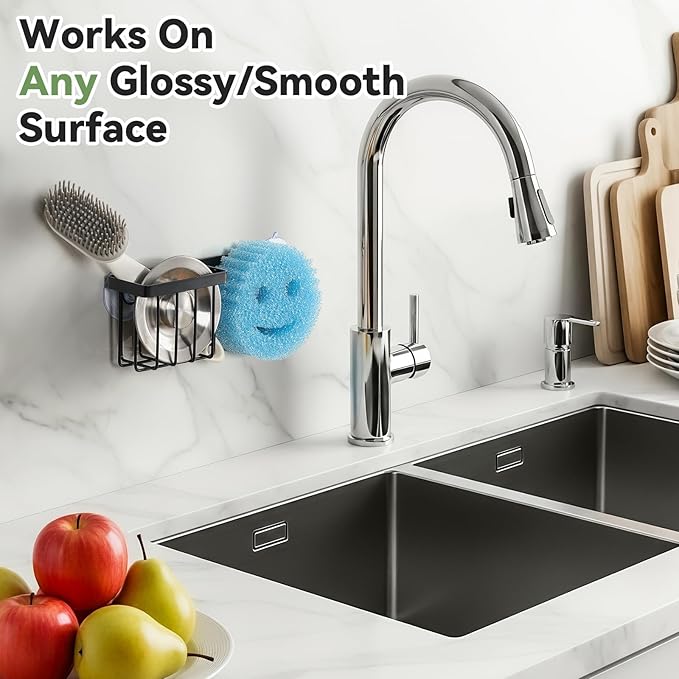 [Slim & Space-saving] Sponge Holder for Kitchen Sink, Sponge Caddy for Scrub Daddy / Scrub Mommy Smiley Face, Sink Organizer Accessories for Dish Brush, Scrubber -with 2 Suction Cups & 1 Adhesive Hook