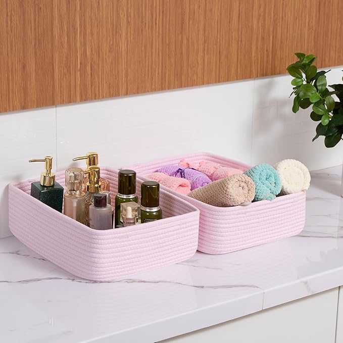 MiniArk Large Shallow Organizing Baskets 15x11x5.1 Inches - Rope Woven Storage Bins for Bathroom, Shelves, Cube Closet, Light Pink 4 Packs