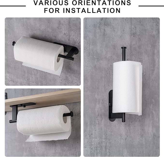Honmein Paper Towel Holder, Upgrade SUS304 Stainless Steel Paper Towel Holder Under Cabinet, Bend-Resistant, Self-Adhesive or Drill mounting (2 Black)