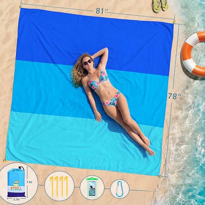 BYDOLL Beach Blanket 78''X81'' Waterproof Sandproof Suits1-4 Adults Oversized Lightweight Large Blanket Picnic Mat for Beach Sand Free Travel Camping Hiking Picnic