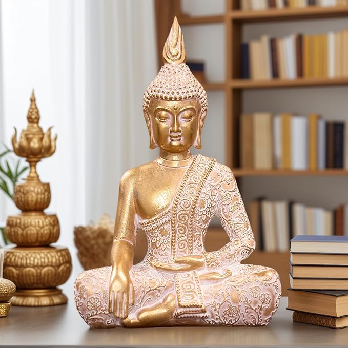 Golden Resin Buddha Statue for Zen Home Decor, Meditation & Yoga - 7.87 Inch Serene Spiritual Art Piece, for Office Altar Collection to Enhance Focus & Mindfulness