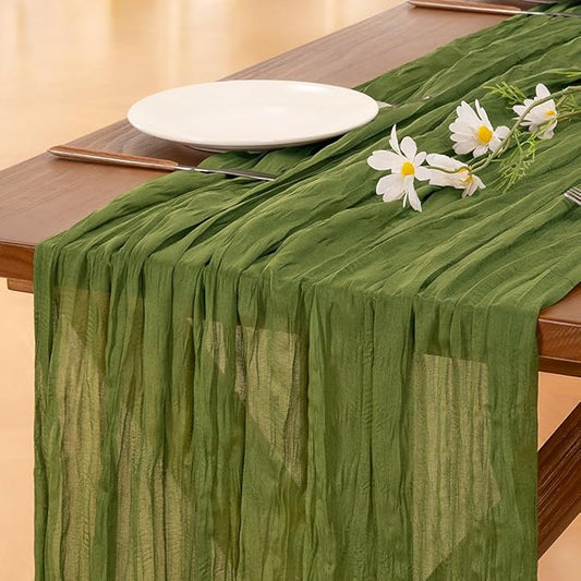 Socomi 2pcs Moss Green Summer Cheesecloth Table Runner Boho Rustic Gauze 120 inch 10FT Cheese Cloth Sheer Runner for Wedding Party Baby Shower Birthday Home Decor Holiday Decorations