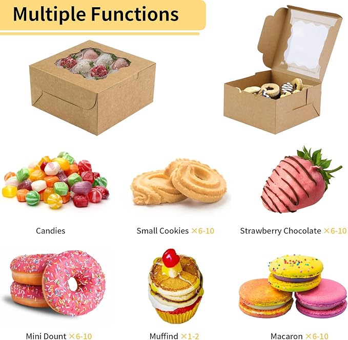 WINKIO 12 Pieces Cookie Boxes with Window, 6×6×3 Inches Treat Boxes for Bakery Dessert Pastry Mini Cake Favor Donut Baked Goods (brown, with Stickers)