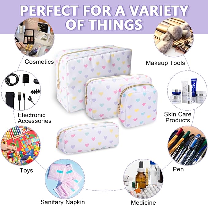 Small Makeup Bag Pouch for Purse，Nylon Travel Toiletry Storage Bag Cute Makeup Organizer Bag for Women Girls，Preppy Waterproof Cosmetic Bag Pouch Skincare Bag Purse with Zipper (Small-White Heart)