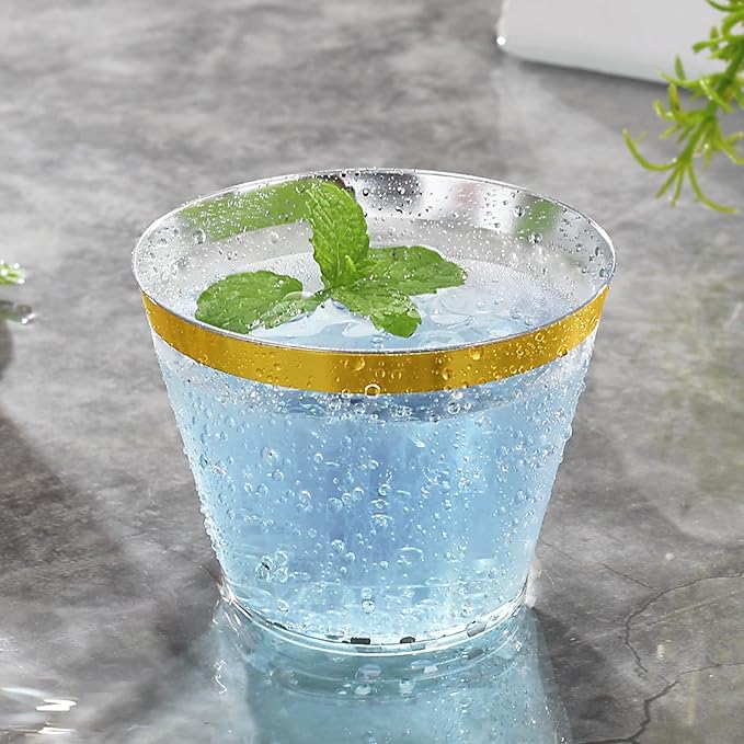 Hioasis 200Pcs 9OZ Clear Cups - Plastic Disposable Cups with Gold Trim, Heavy Duty & BPA-free for Party, Wedding, Reception