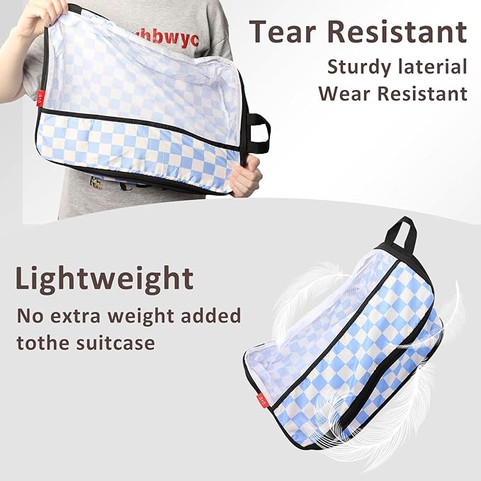 U+U 10 Set Compression Packing Cubes - Ultralight Travel Organizers with Laundry Bag and Cosmetic Bag, Space-Saving Suitcase Organizer for Travel, Business Trip and Family Vacation (Blue Checkered)