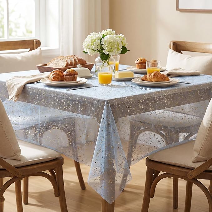 Horaldaily Blue Gold Gauze Tablecloth 60x104 Inch Rectangular, Golden Sequin Glitter Metallic Foil, Sheer Tulle Cheesecloth for Wedding Baby Shower Ceremony Birthday