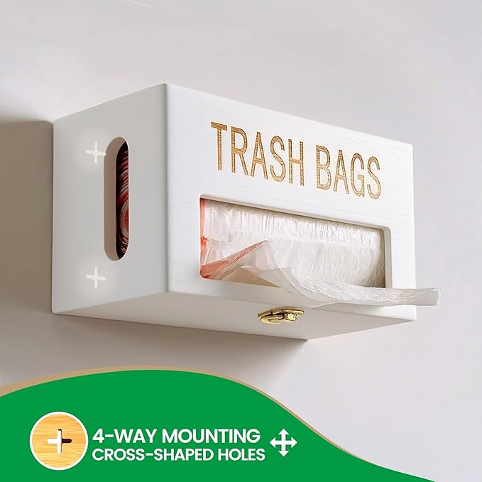 Libreshine Extra Large White Bamboo Trash Bag Holder Dispenser, Fits Costco & Sam's Club Jumbo Rolls, Under-Sink, Cabinet & Wall Mount Organizer, Garbage Bag Storage for Kitchen, Pantry, Garage