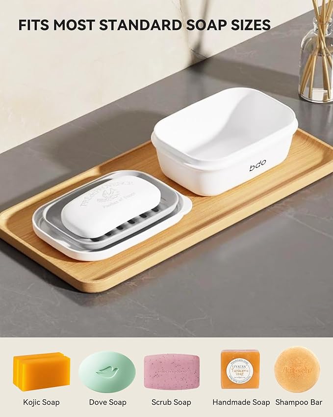 Travel Essentials Soap Holder with Lid, Leakproof Soap Dish with Drainage Layer, Portable Travel Soap Bar Case for Camping, Gym, Bathroom, Kitchen, Dormitory, Hotel (White)