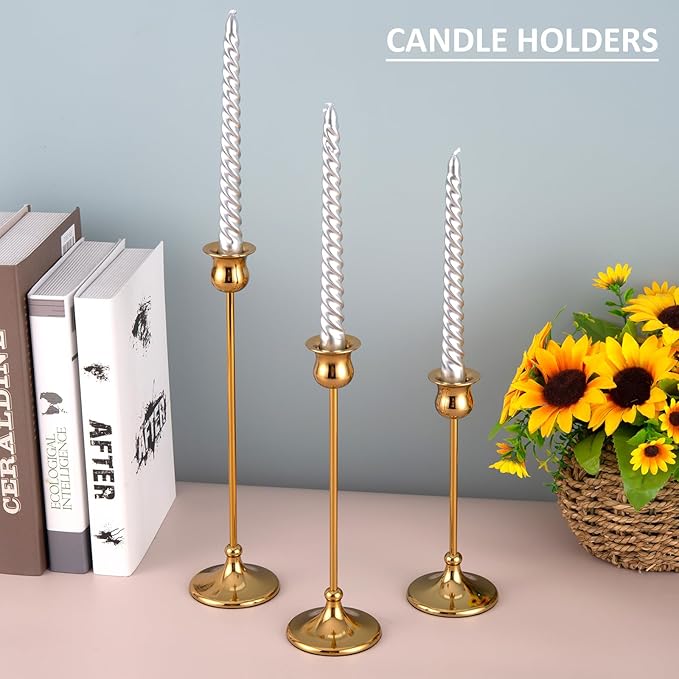 Taper Candle Holder Tall Vintage Metal Candlestick Holders Candle Stick Candelabra for Halloween Thanksgiving Christmas Holiday Wedding (Gold, 1 Set (3 pcs))