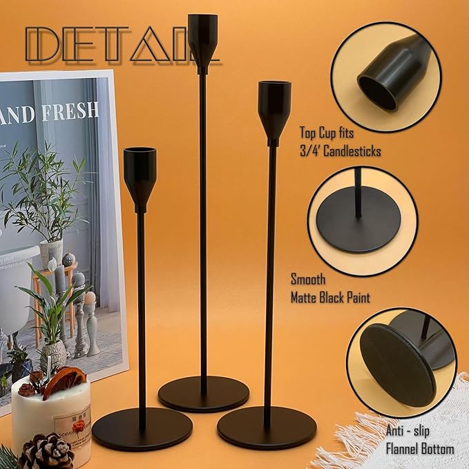6Pcs Matte Black Candlestick Holders Set Fit 3/4" Tall Taper Candle Home Decorative Table Centerpieces for Family Dinning, Party Decoration