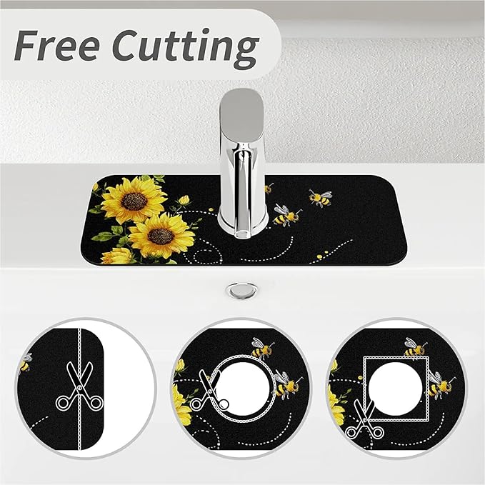 Kitchen Sink Splash Guard，sunflowers-and bees- Faucet Mat Sink Gadgets-Super Absorbent Fast Drying Mat Drip Catcher for Kitchen, Bathroom,Sink Mat, Dish Drying Mat, Bathroom(15" X 5.5" )