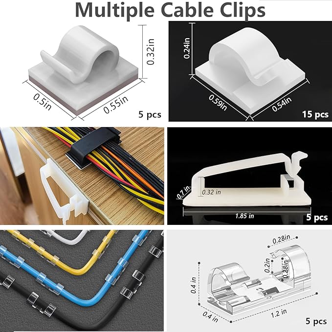 ELII 327PCS White Cable Management Kit: 4 Cable Sleeves, 65 Cable Clips with 13 Cord Holders, 20+5 Roll Cable Organizer Straps, 200 Fastening Cable Ties, 20 Cable Zip Tie Mounts for Computer (White)