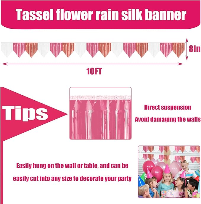 6P Banner Metallic Foil Fringe Garland Wall Hanging Tinsel Fringe Banners for Parade Floats Wedding Birthday Parties Graduation Patry Decoration Disco Independence Day (White Pink RoseGold)