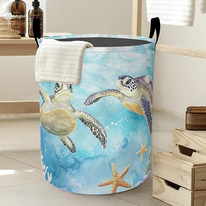 Retro Two Turtles Laundry Basket-Large Foldable Hamper Holder Portable Tall Collapsible Laundry Hamper Storage Basket Bin with Handles, Canvas & Waterproof lining for Household Items