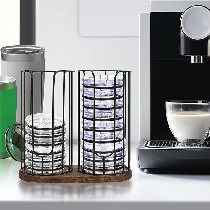 2-Compartment 18oz Coffee Cup Dispenser Rack with Wood Base, Disposable Cup, and Lid Organizer for Countertop - Perfect for Paper Cups and Lid Organizer
