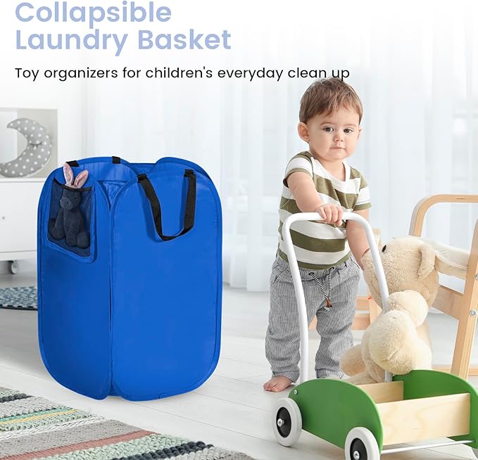 HOUSE AGAIN Upgraded Pop-up Laundry Hamper, Collapsible Laundry Basket with Durable Handles Solid Bottom High Steel Frame, Portable Foldable Dirty Clothes for Dorm, Laundry room Travel, Blue
