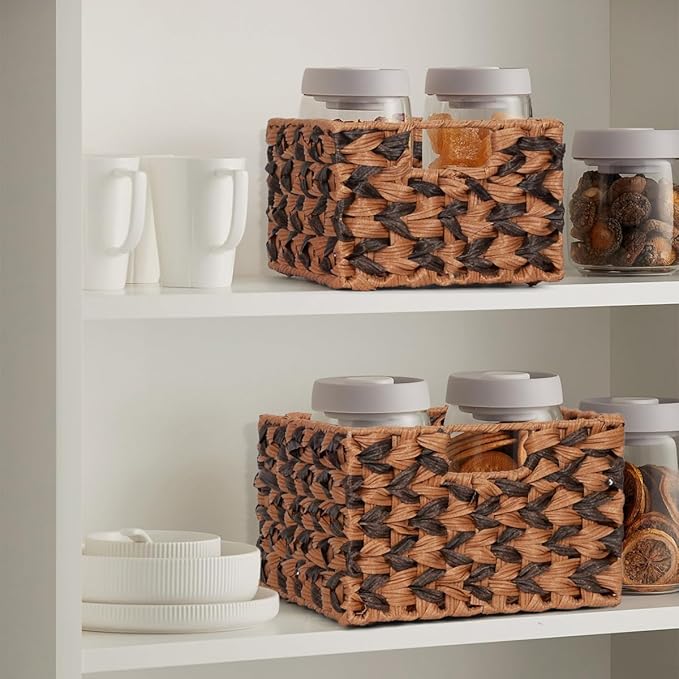 WEAVELYRICS Wicker Baskets, Decorative Storage Boxes with Handles, Rectangular Plastic Wicker Woven Storage Basket for Organizing, 2 Pack Large and Small (Brown & Gray)