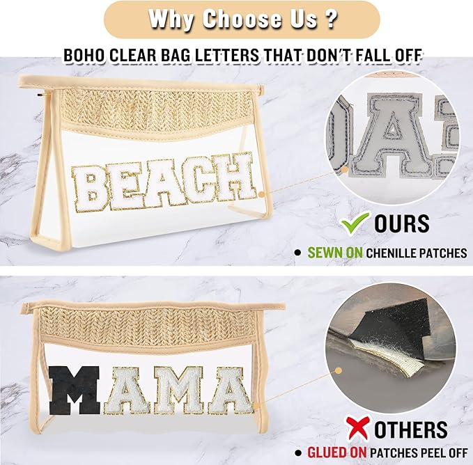 Clear Makeup Letter Patch Makeup Bag BEACH Pouch, Boho Clear Toiletry Bags Travel Small Cute Stadium Chenille Letter Cosmetic Zipper Pouch Purse, Transparent Waterproof Makeup Storage for Women(BEACH)