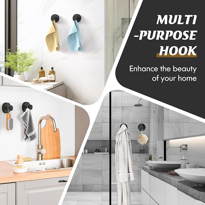 Suction Cup Hooks for Shower,Removable Shower Towel Suction Hooks for Bathroom Wall,Kitchen,Glass,Mirror,Tile to Hang Robes,Loofah-Black(4-Pack)