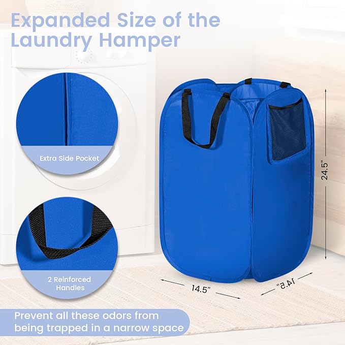 HOUSE AGAIN Upgraded Pop-up Laundry Hamper, Collapsible Laundry Basket with Durable Handles Solid Bottom High Steel Frame, Portable Foldable Dirty Clothes for Dorm, Laundry room Travel, Blue