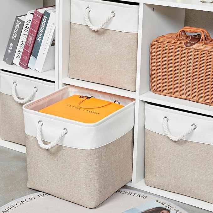 ISEMINGLA 13 x 13 Inch Storage Cubes，6 Pack Cube Storage Bins for Shelves，Fabric Collapsible Storage Bins with Handles, Foldable Storage Basket for Organizing Clothes, Toys, Books (White&Beige)