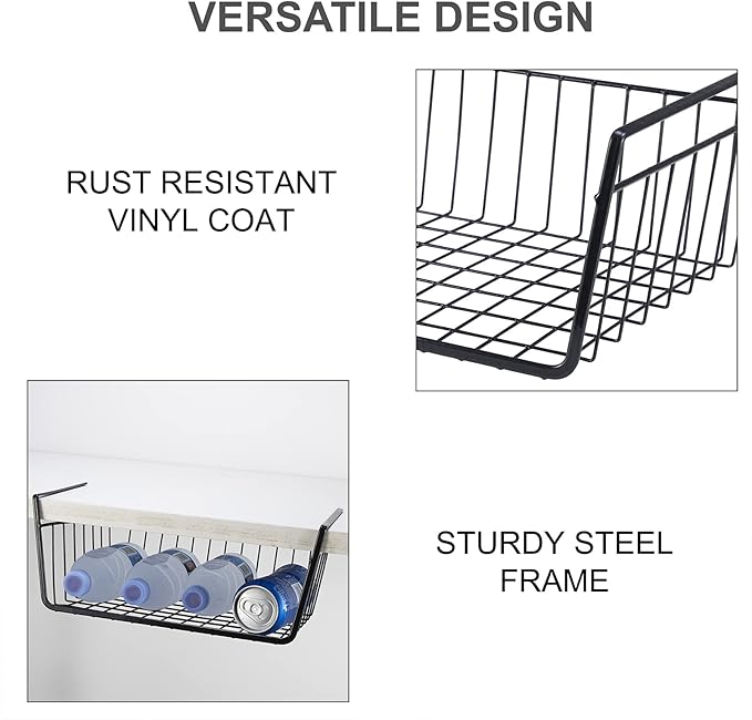 ELEATTRUN Undershelf Storage Basket Under Shelf Wire Basket Household Metal Under Shelf Hanging Storage Bin Basket Slides Under Shelves for Storage Space Saving for Kitchen Pantry Bookshelf 4 PCS