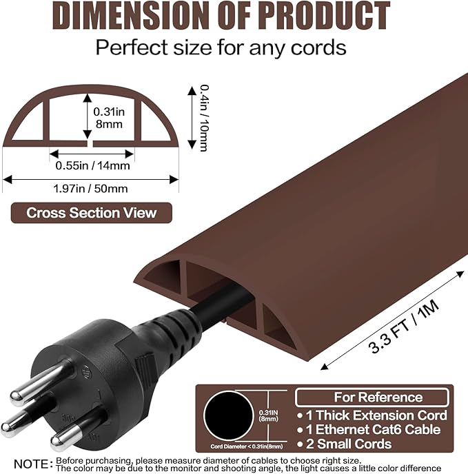 Floor Cord Cover Self Adhesive Cord Hider,3.3FT Cable Management, Extension Strip Protector for Wires, Prevent Cable Trips for Offices, Gyms, Exhibitions Cavity:0.47"(W) x 0.35"(H) Coffee