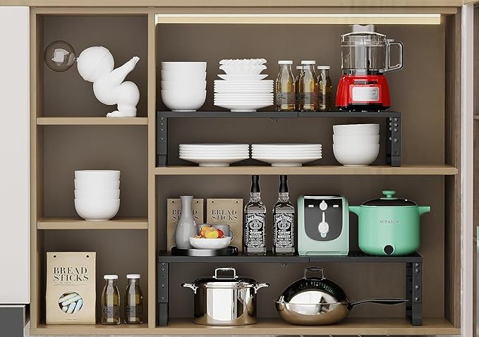 Expandable Cabinet Shelf Organizer Storage Spice Rack Shelves for Kitchen Stackable Adjustable Pantry Cupboard Bathroom Countertop Desktop(2Packs/Black/Medium-with Hole)