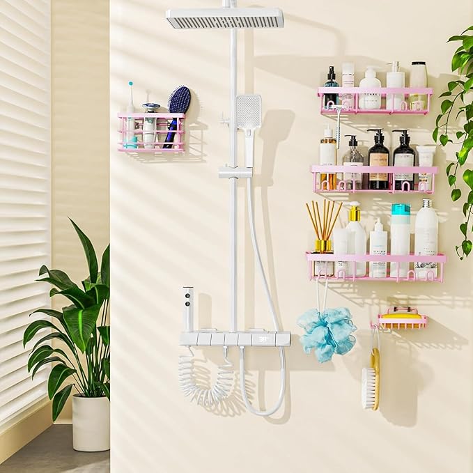 Moforoco Adhesive Shower Caddy Organizer Shelves Rack - 5 Pack Corner Bathroom Storage Organization, Home & Kitchen Decor Inside RV Accessories, Hanging First Apartment Household Camper Essentials