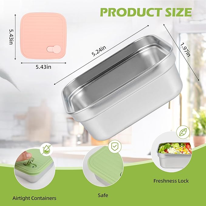 2 Pack Stainless Steel Sandwich Containers, 20oz Leakproof Reusable Metal Lunch Boxes with Silicone Lids, BPA-Free Meal Prep Food Storage Containers for Snacks, Fruits, Salad, Travel & Office Lunch