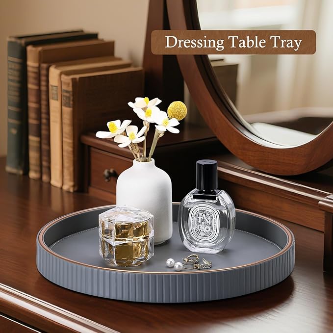 GORESE Round Coffee Table Tray for Home Decor, 12" PU Leather Decorative Serving Trays Table Centerpiece for Kitchen Island, Perfume Trinket Trays for Dresser, Ottoman Tray Nightstand Organizer, Gray