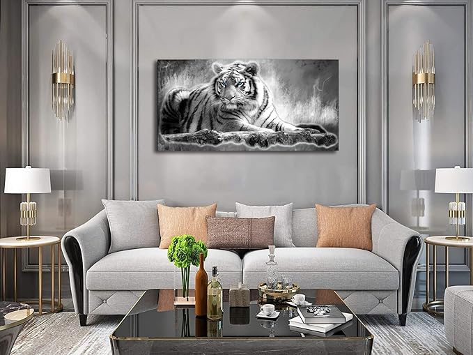 Yxbhhym Animal Black and White Tiger Canvas Wall Art Picture Tiger Painting Print Gallery Wrap Office Bathroom Living Room Decoration Modern Home Art Framed Wall Art– 20X40inch