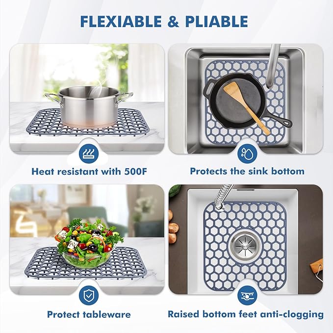 Silicone Sink Protectors for Kitchen Sink with Center Drain - 12" x 11" Kitchen Grid Accessory, Non-Slip Heat-Resistant Mat for Bottom of Porcelain Stainless Steel, Dishwasher Safe