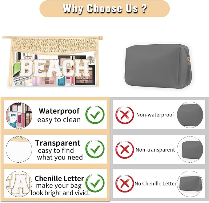 Clear Makeup Letter Patch Makeup Bag BEACH Pouch, Boho Clear Toiletry Bags Travel Small Cute Stadium Chenille Letter Cosmetic Zipper Pouch Purse, Transparent Waterproof Makeup Storage for Women(BEACH)