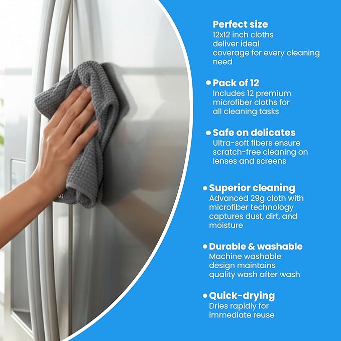 Waffle Weave Microfiber Cloths - 12 x 12 inches - Lint Free Cloth, Streak-Free Absorbent Microfiber Glasses Cleaning Cloth, Screens, Dusting & Appliances - 12 Pack Premium Cloth Wipes