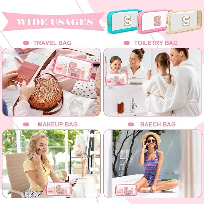 Personalized Initial Letter Clear Makeup Bag, Preppy Small Nylon & PVC Cosmetic Zipper Bag with Chenille Letter, Portable Beach Travel Skincare Toiletry Bag, Trendy Monogram Gift for Teen Girls Women, S
