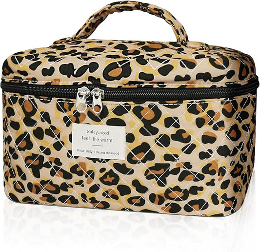 Gosect 1pc Large Makeup Bag, Cute Cosmetic Bag for Women Girls, Floral Coquette Aesthetic Toiletry Bag, Travel Make Up Organizer Bag (Leopard Print)