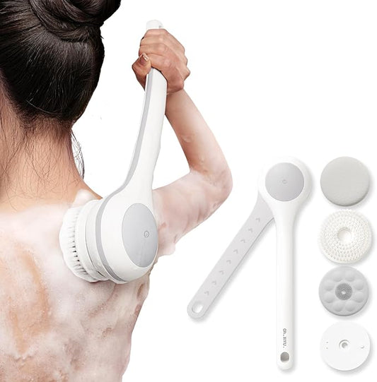 Electric Body Brush Back Scrubber for Shower, Waterproof Long Dual Handle Power Body Scrubber with 3 Heads, Rechargeable Bath Brush & 2 Speeds, for Cleansing, Exfoliating and Massaging Skin