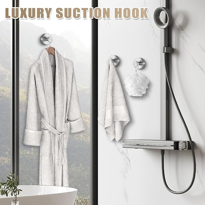 Suction Cup Hooks for Shower No-Drill Bathroom Hooks for Towels, Robes, Loofah Mountable on Bathroom Walls, Kitchen, Glass, Mirrors, Tile and Smooth,Non-Porous Surfaces (4, Brushed Nickel)