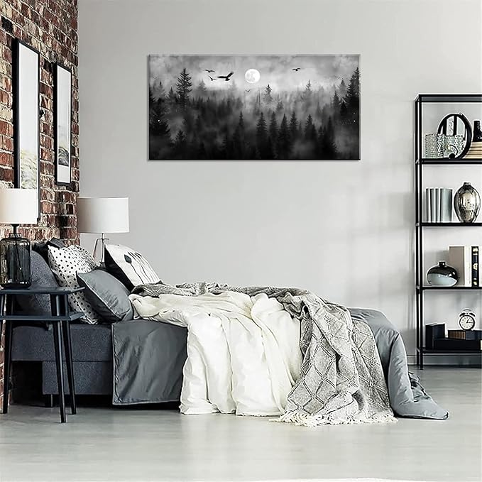 ZESTRILIA Forest Wall Art Black & White Moon Night Retro Canvas Prints Modern Rustic Paintings Nordic Artwork Landscape Picture for Country Farmhouse Living Room Bedroom Home Office Décor (23x46inch)