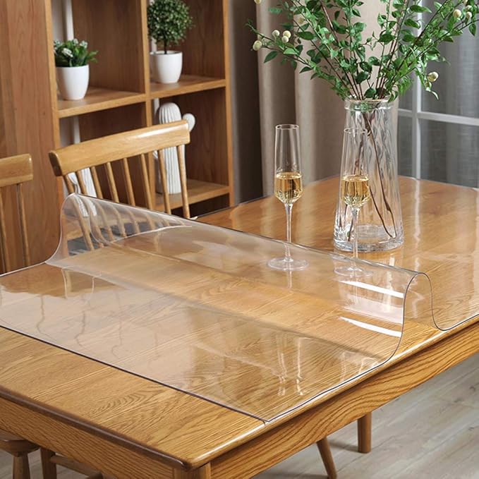 24x86 inch Clear Vinyl Table Protector Plastic Tablecloth Furniture Dining Room Thick Protective Desk Cover Mat PVC Tabletop Protection Pad Easy Clean Polyester Wipeable Cloth Rectangle 1.5mm Thick