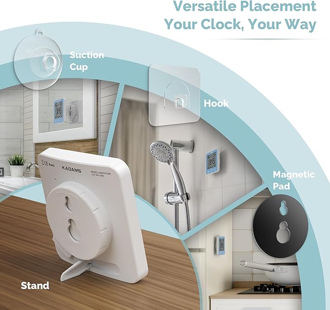 KADAMS Shower Clock Waterproof Bathroom Timer – Digital Wall Clock with Countdown, Magnetic Kitchen Clock with Temperature & Humidity, Suction Cup for Kids Shower Spa Sauna Cook Bath, Blue