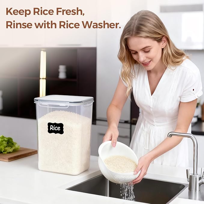 ComSaf Rice Container Set of 2 (9.5L/10Qt), Large Airtight Food Storage Containers with Lid and Rice Washer, Plastic Canister Sets for the Kitchen, Pantry Organizers for Flour, Cereal, and Cooking