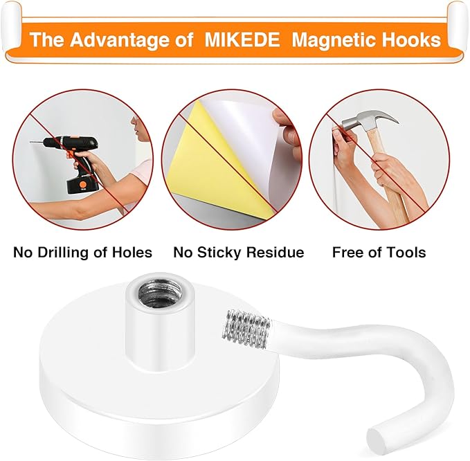 MIKEDE Strong Magnetic Hooks, 120Lbs Heavy Duty Magnetic Hooks for Cruise, Neodymium Earth Magnets with Hooks for Hanging, Super Metal Magnetic Hanger for Grill, Storage (White,10 Pack)